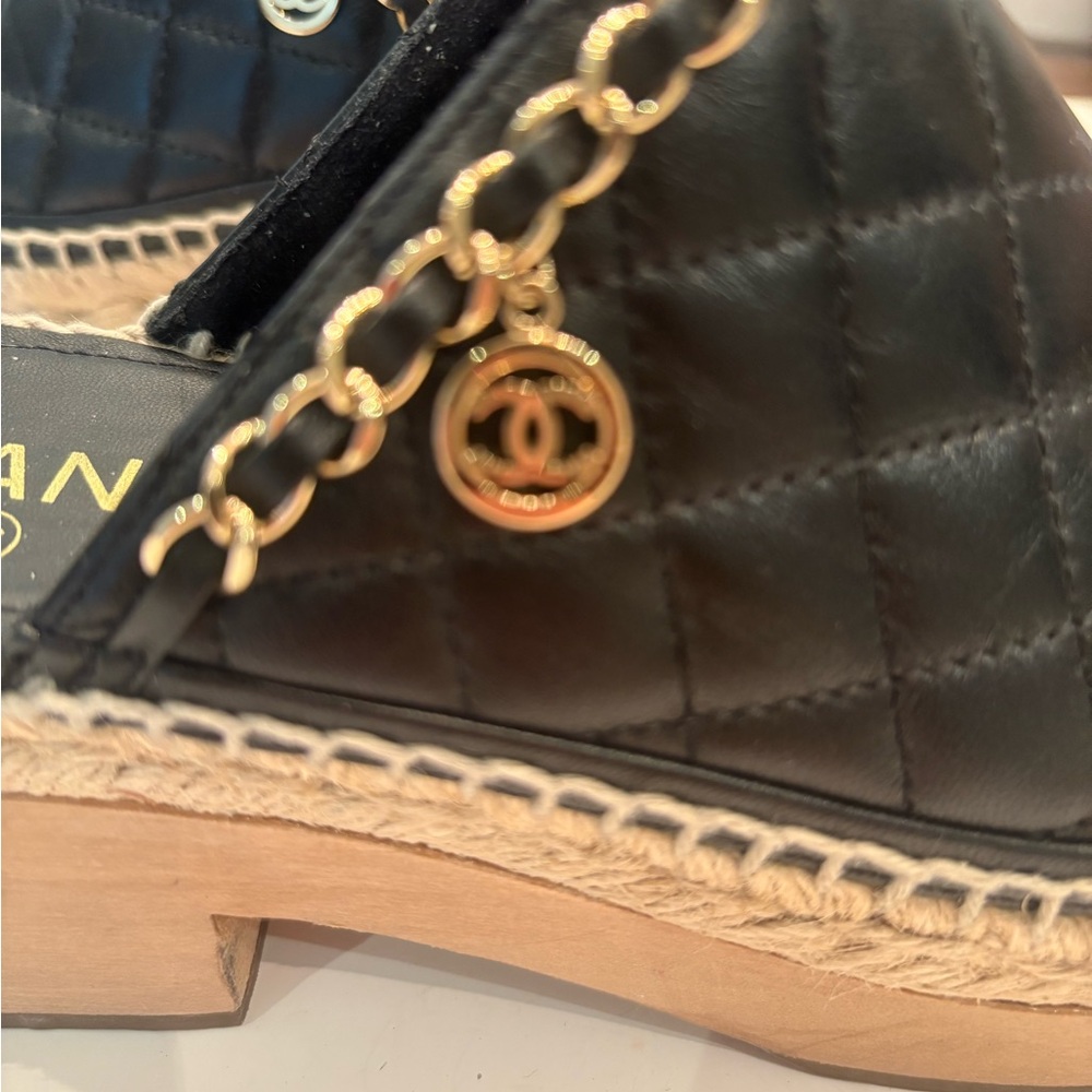 Chanel Black Quilted Mules with Chain Detail